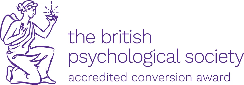Psychology MSc (conversion) BPS accreditation logo - white and purple logo - Aston Online