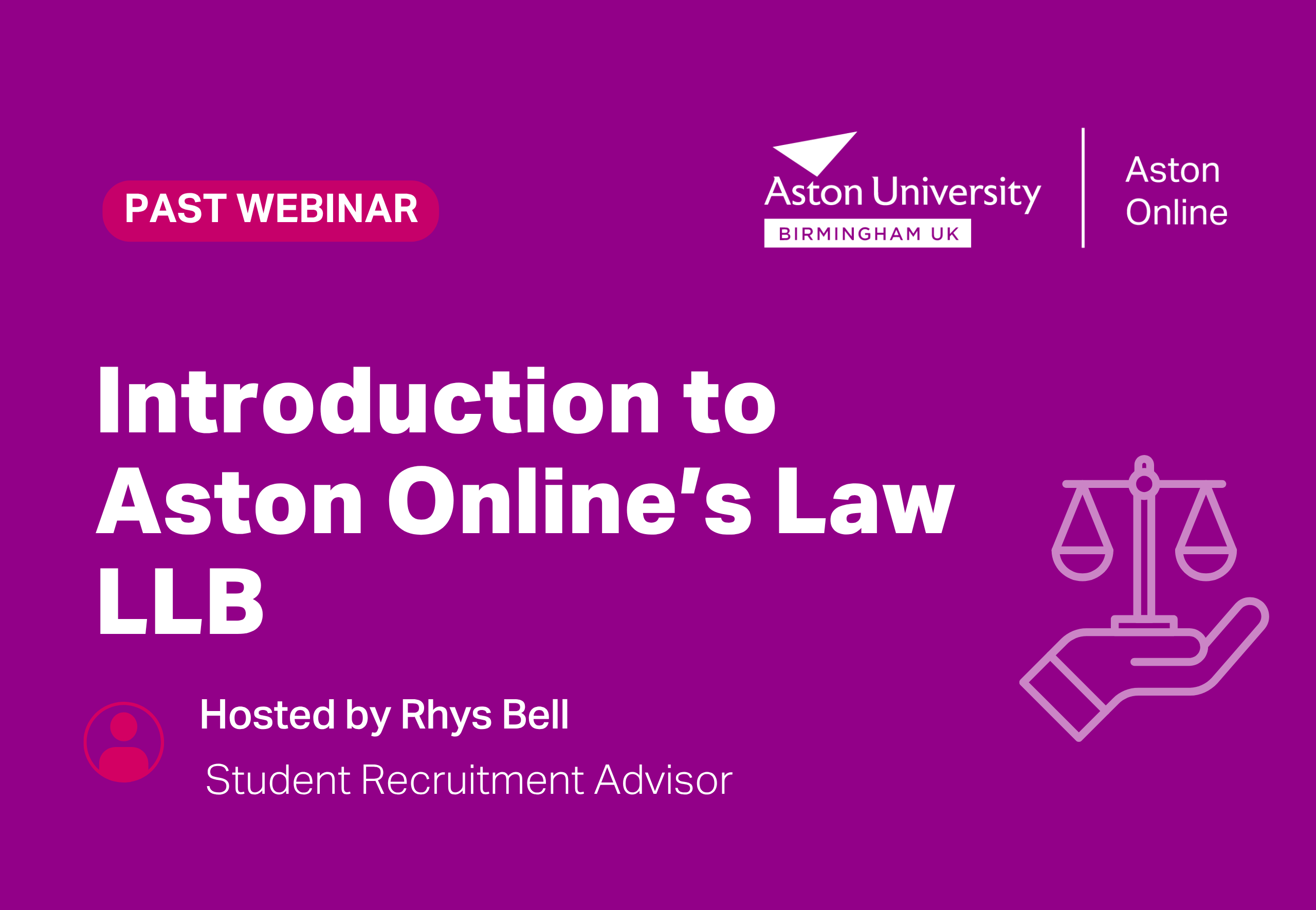 Introduction to Aston Online Law LLB Webinar - hand icon with scales of justice