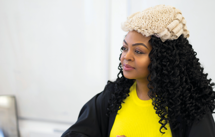 Bachelor of Law LLB Hons Aston Online - woman wearing short, curled barrister's wig